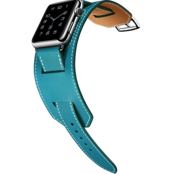 Vegan Leather Blue Double Cuff Watchband for Apple - Picture 2 of 14
